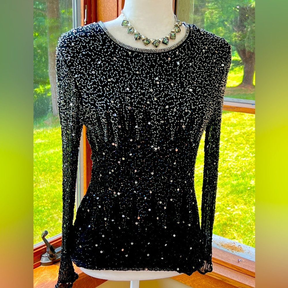 Incredible Vintage Stenay Black 🖤  Silk Beaded Sequin Long Sleeve Top Sz Large